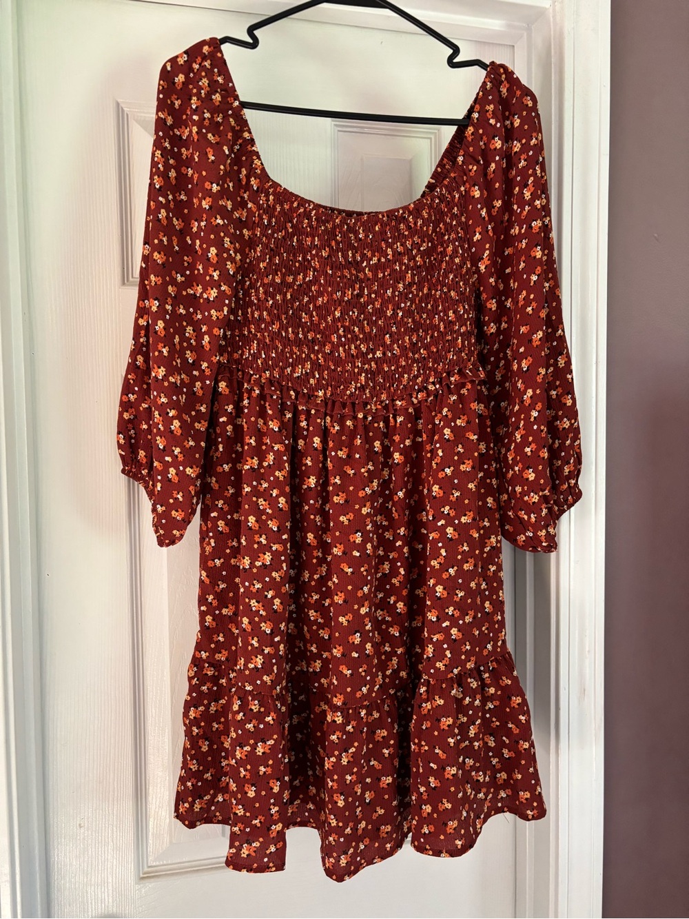 Smocked Square-Neck Mini Dress in Rust Floral